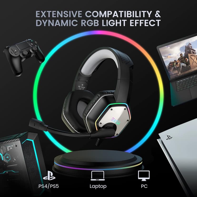 EKSA E1000 USB Gaming Headset for PC, Computer Headphones with Microphone/Mic Noise Cancelling, 7.1 Surround Sound, RGB Light - Wired Headphones for PS4, PS5 Console, Laptop, Call Center