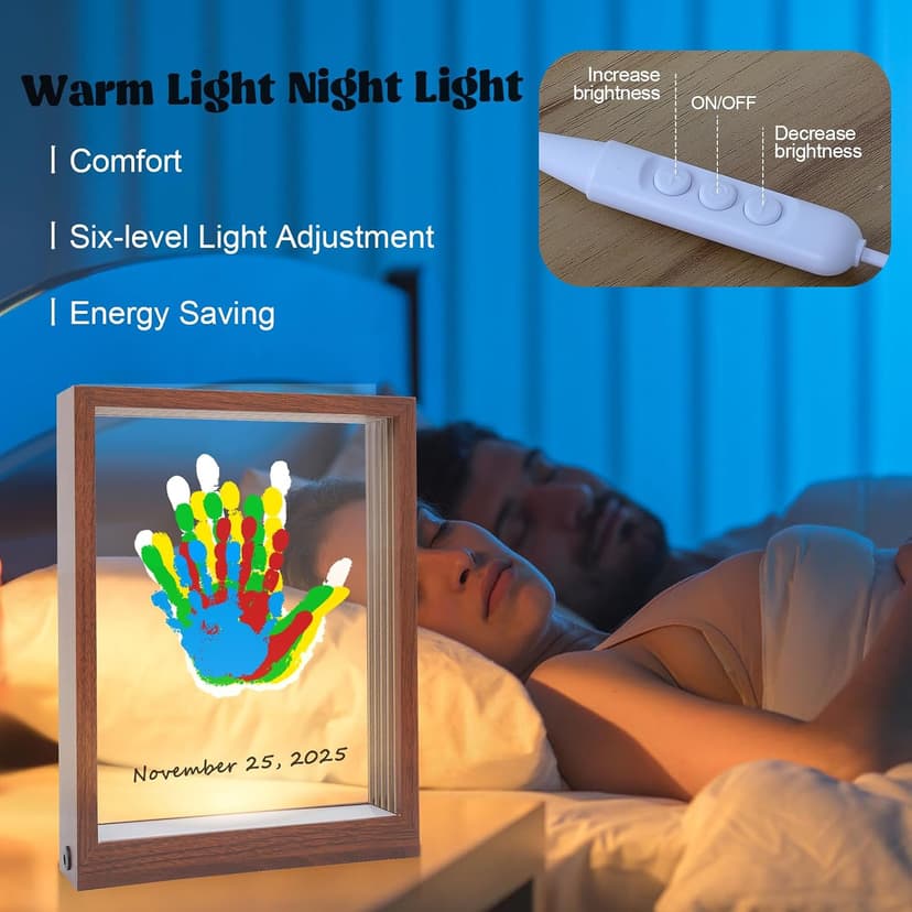 Bixinyo Family Handprint Kit with Light, Baby Hand and Footprint Keepsake Wooden Frame, Family Gifts for Mom, New Parents, Mother's Day, Adoption Gifts, 5 Non-Toxic Paints (Light, Maroon) B0GQGTNBSD