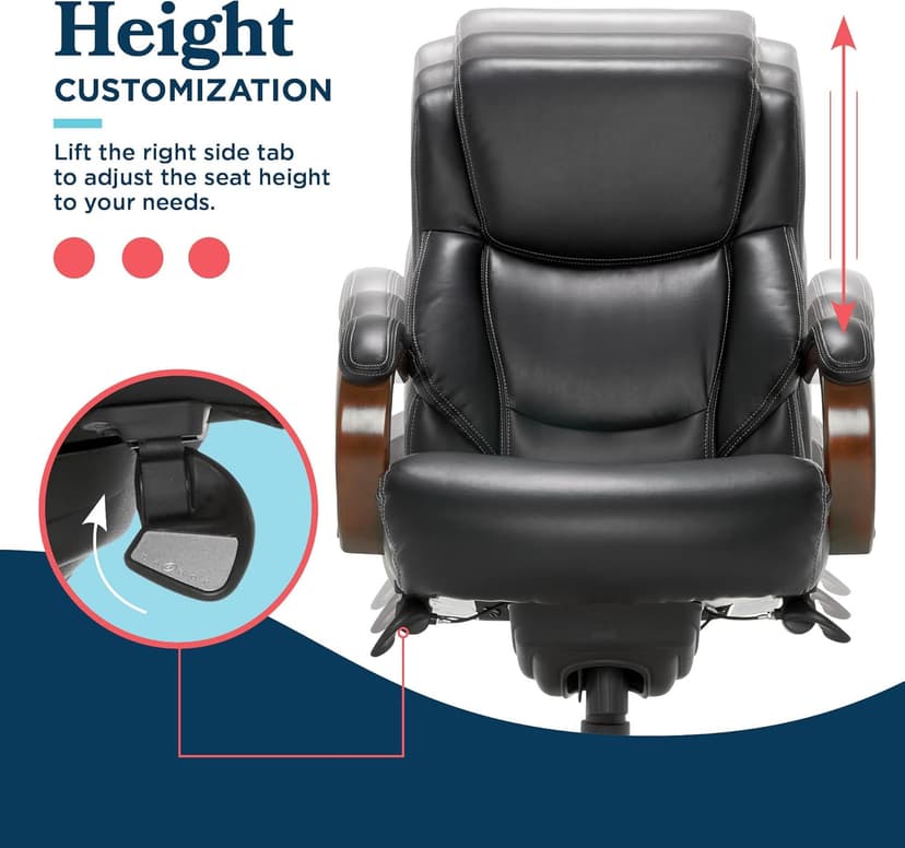 La-Z-Boy Delano Big and Tall Executive Office Chair - Ergonomic Lumbar Support Memory Foam - Bonded Leather Desk Chair for Home Office - Mahogany Wood Arms - Black