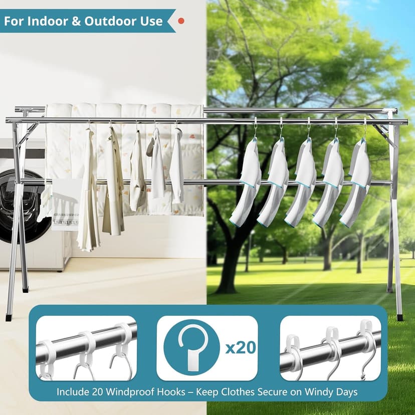 JAUREE 95 Inches Clothes Drying Rack, Drying Rack Clothing Folding Indoor Outdoor, Heavy Duty Stainless Steel Laundry Rack, Foldable Portable Large Clothes Rack Garment Rack with 20 Windproof Hooks