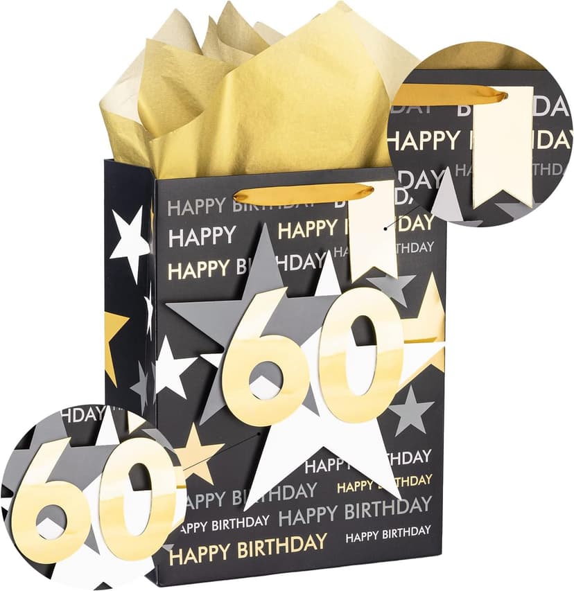 Loveinside Birthday Gift Bag with Tissue Paper and Greeting Card for 60 Birthday - 10" x 5" x 13", 1 Pcs, Black Gold