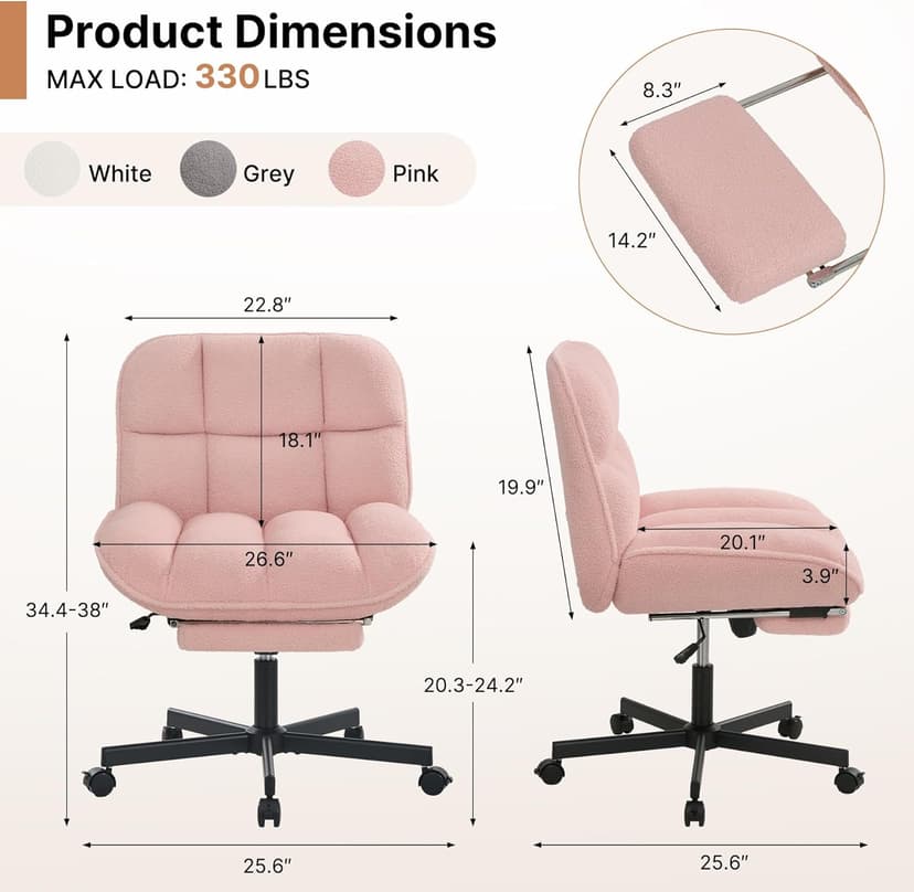 Criss Cross Office Chair with Foot Rest, Thick Cushioned Cross Legged Office Chair, Armless Wide Seat Reclining Desk Chair, Height Adjustable Criss Cross Chair for Home Office,Vanity, Pink