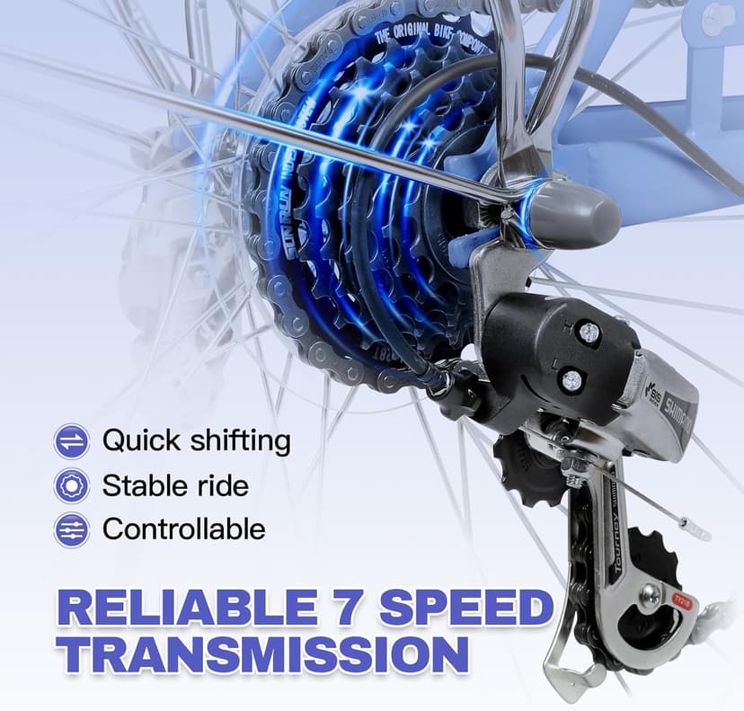 26 Inch Beach Cruiser Bike for Women, Hybrid Womens Bike with 7 Speed, Adjustable Seat, Lightweight Women Beach Cruiser Bike with Anti-Skid Tires, V-Brakes