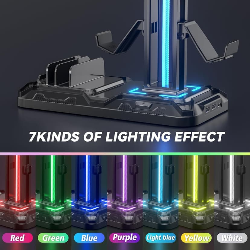 KDD Headset Stand with Charging Station - Detachable Controller Holder with 9 Light Modes - Rotatable Headphone Hanger with USB A&C Charger Ports - Earphone Hook for PC Gaming Accessories Storage B0DGGH8KN1