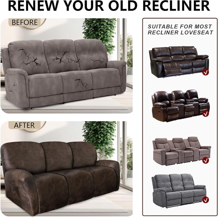 ANARACHON Leather Look Recliner Couch Cover 8-Piece Recliner Sofa Slipcovers 3 Seater for Reclining Couches Furniture Protector Spandex Fabric Washable (Recliner Sofa, Brown)