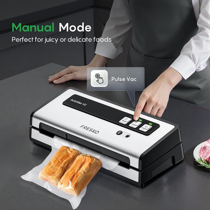 FRESKO Vacuum Sealer Machine with Automatic Bag Detection, Double Heat Seal, Compact Food Sealer, Easy to Use, Starter Kit