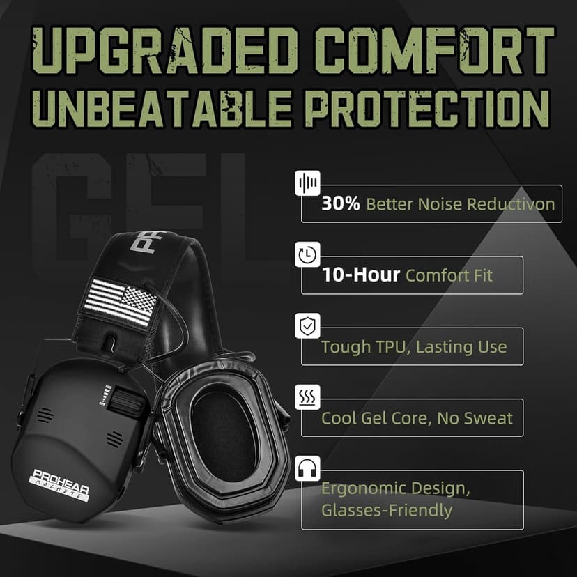 PROHEAR 022 Upgraded Electronic Shooting Earmuffs with Gel Cooling Ear Cushions - 29dB SNR Noise Reduction for Hunting & Gun Range, 5X Sound Amplification, 4 Omnidirectional Mics, HD Speakers,Black