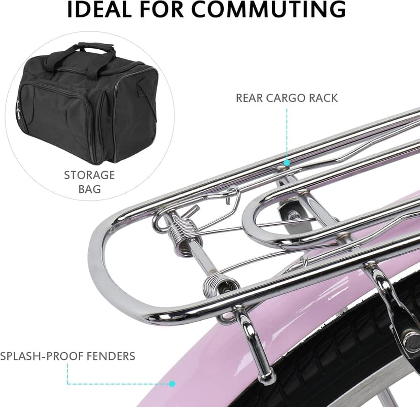 26" Beach Cruiser Bike, Commuter Bicycle, 7 Speed/Linear Pull Brakes/Widen Seat Men & Women Bike, Adult and Teens Bicycle for Urban Commuter