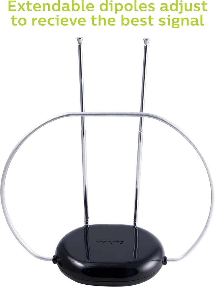 Philips Rabbit Ears Black Indoor TV Antenna, Dipoles and Circular Loop, Tabletop, Digital, Smart TV Compatible, HDTV, 4K 1080P VHF UHF, 5Ft Coaxial Cable, SDV8201B/27
