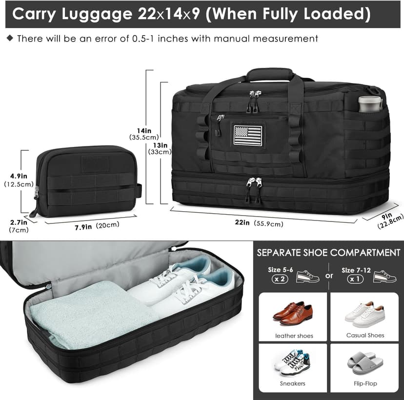 ETRONIK Gym Bag for Men Women, Carry on Luggage 22x14x9 Airline Approved, Tactical Travel Duffle Bag with Toiletry Bag and Shoe Compartment, Weekender Overnight with Wet Pocket for Workout, Black