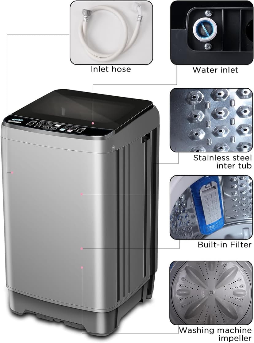 Full-Automatic Washing Machine 25 lbs Portable Washer 10 Wash Program & 8 Water Level with LED Display，Drain Pump, Come with a Glass Cover, Ideal for Apartments, RV, Camping, Grey