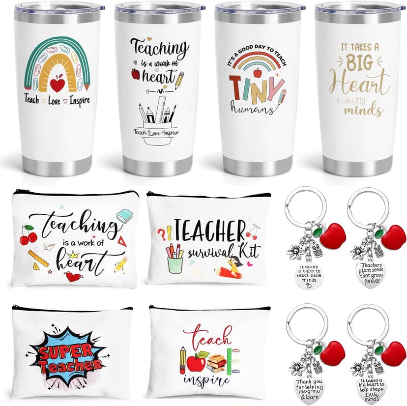 UAREHIBY 12 PCS Teacher Appreciation Gifts in Bulk, 20 OZ Wine Tumbler Teacher Gifts, Graduation Gift with Keychain,Best End of Year Teachers Gift with Cosmetic bag for Women Men