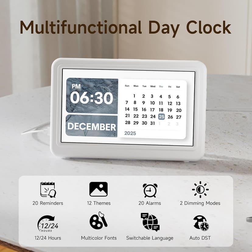 Raynic Date Clock, Digital Clock with 12 Themes, 20 Alarms, 20 Reminders, Semi-Automatic Dimming, 12/24 Hours, Auto DST for Desktop, Office, Students
