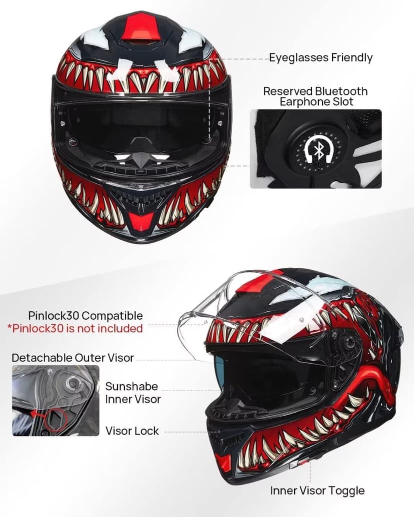 ILM Full Face Dual Visor Motorcycle Helmets with Rear Wing Pinlock Compatible Motorbike Street Bike Helmet DOT Men Women Model 861A (TheNight, L)
