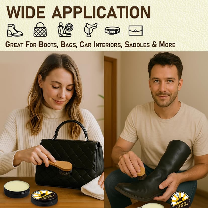 Feilove Saddle Soap for Leather – All-Natural 3-in-1 Leather Cleaner & Conditioner Kit with Horsehair Brush & Cloth – For Boots, Bags, Saddles, Car Interiors, Shoes 3.52oz