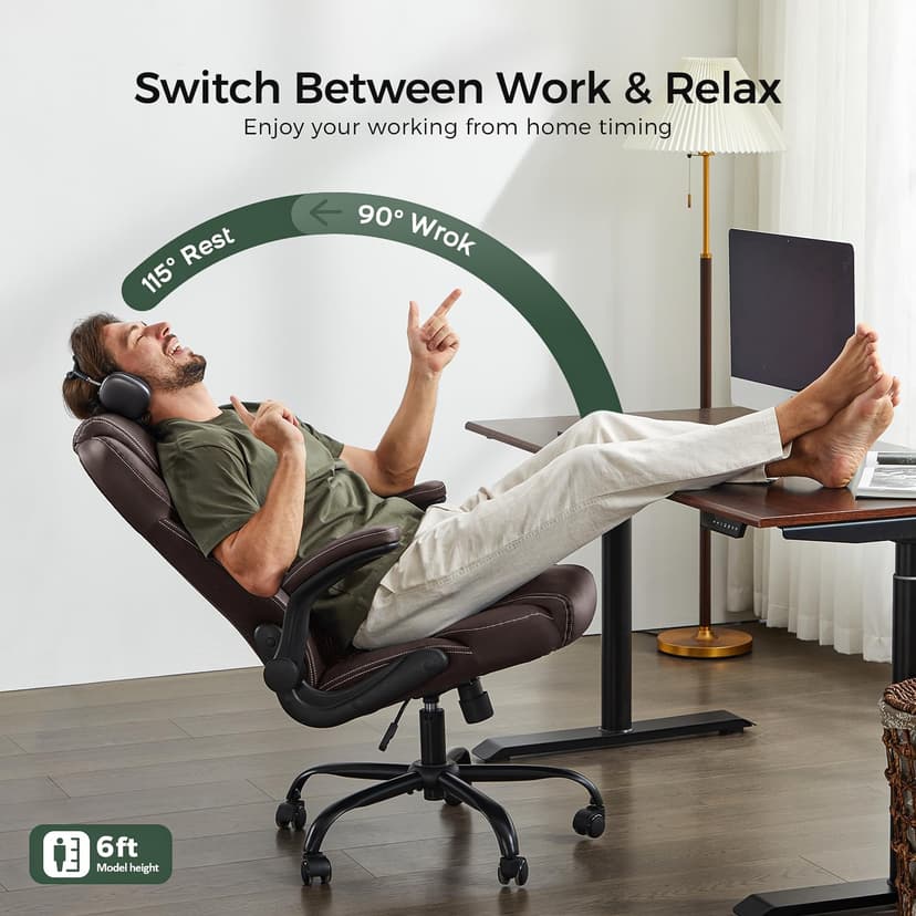 amseatec Office Chair, Executive PU Leather Chair, Ergonomic Computer Desk Chair with Lumbar Support and Adjustable Flip-Up Arms, Rocking Task Chair (Brow