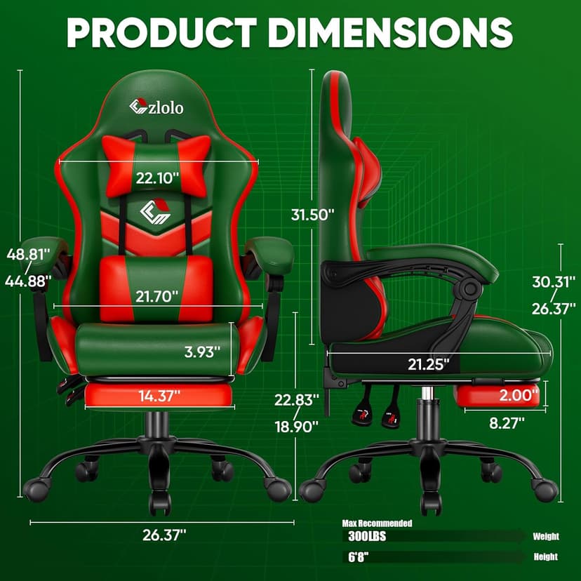 Czlolo Gaming Chair, Lumbar Support Massage Computer Chair, High Back Gamer Chair, with Footrest and Headrest, Lumbar Pillow, Recline, Wide Seat, Gaming Chairs for Christmas/Birthday Gifts, Green