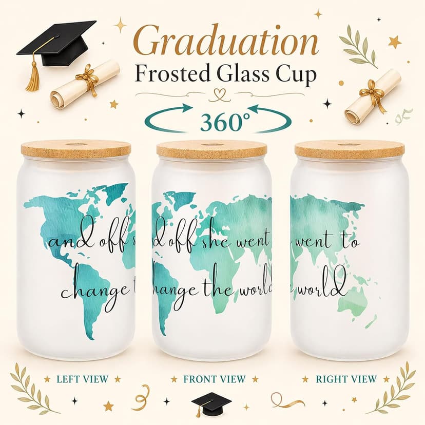 Frerdui Graduation Gift for Her – And Off She Went to Change the World 16oz Glass Cup, Cute Grad Gift for College High School Graduate, Grad Gift for Daughter Niece Granddaughter Friend B0GTY7QRB9
