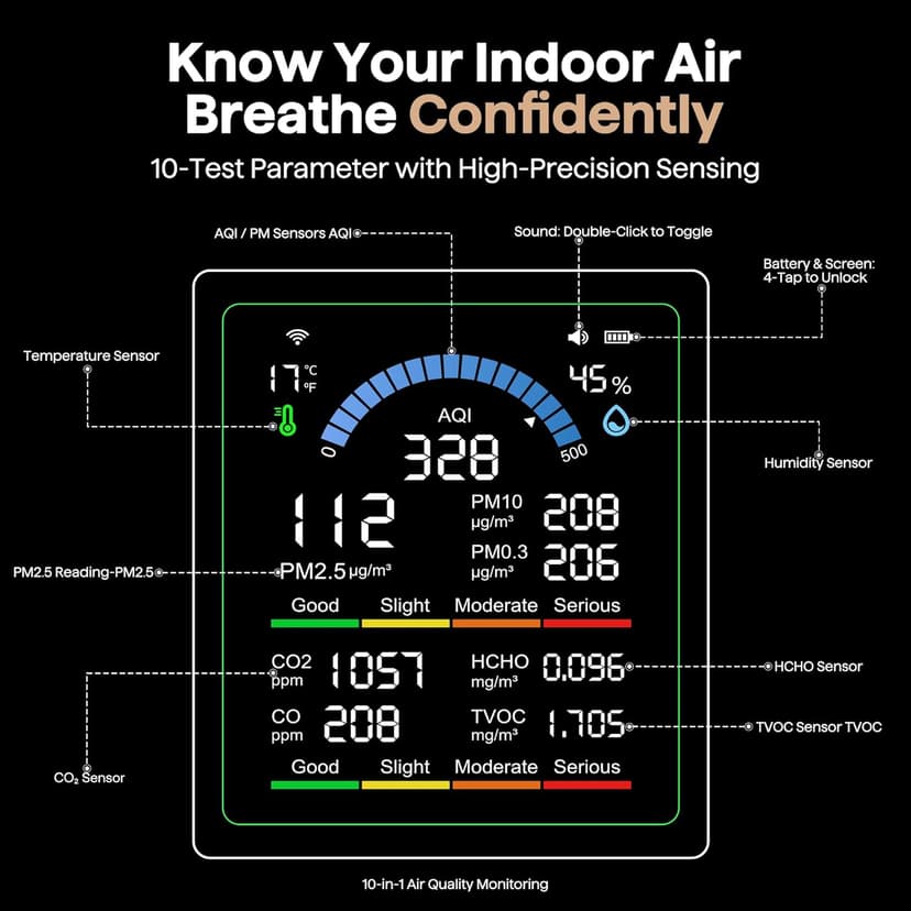 Air Quality Monitor Indoor, 10 in 1 Portable Smartair Quality Tester for CO2 | CO | TVOC | HCHO | Temp | AQI | PM0.3-1 Detection Suitable for Home, Cars, Plants, Pets and Hotels -Black