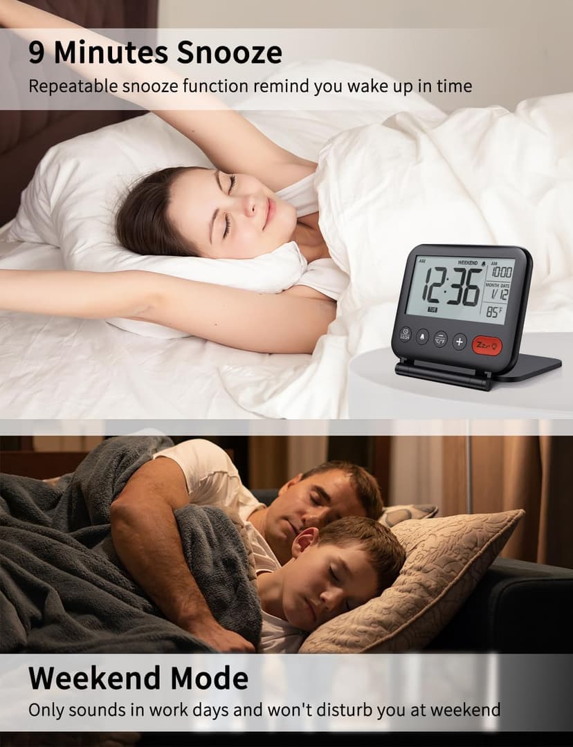 NOKLEAD Digital Travel Alarm Clock for Bedroom Office: Small LCD Desk Clock with Backlight Date Temperature Snooze 12/24H Weekend Mode and Mirror, Battery Powered Folding Bedside Clock for Adult Kids
