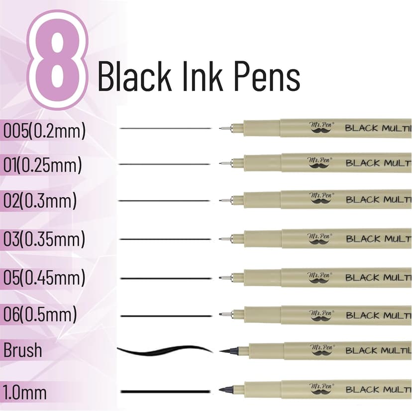 Mr. Pen - Art Pens, Multiliners, Fineliner Ink Pens, Set of 8 Technical Drawing pen, Pigment Pen, Fine Point, Black, Waterproof, for Art Watercolor, Sketching, Micro Drawing, for Bible Journaling