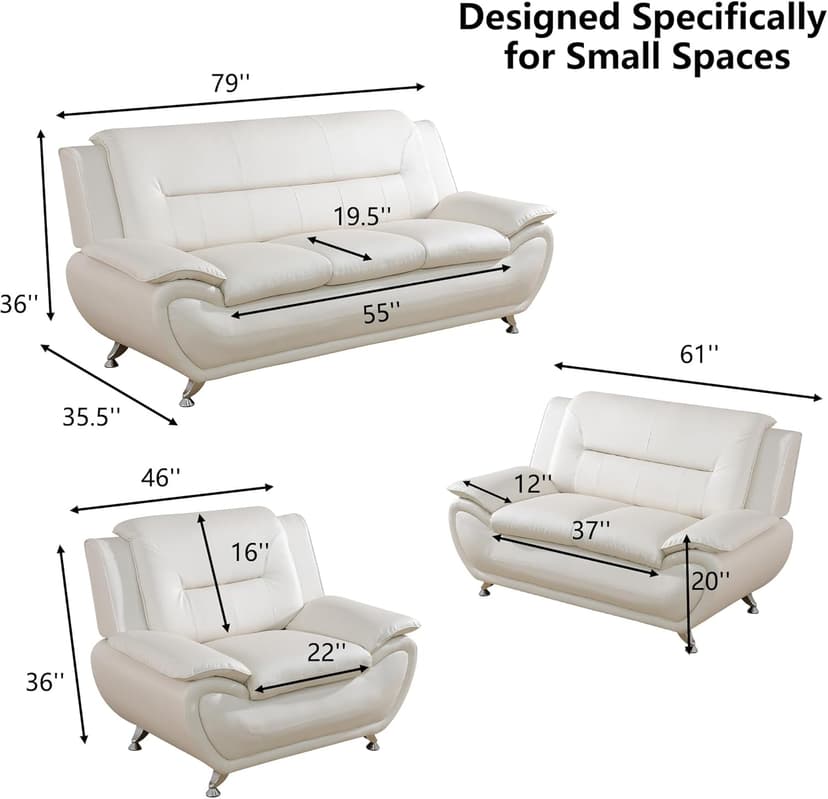 Leather Sofa Set for Living Room 3 Piece Living Room Furniture Set Modern Couch Set with 3-Seater Sofa, Loveseat and Armchair (Cream White)