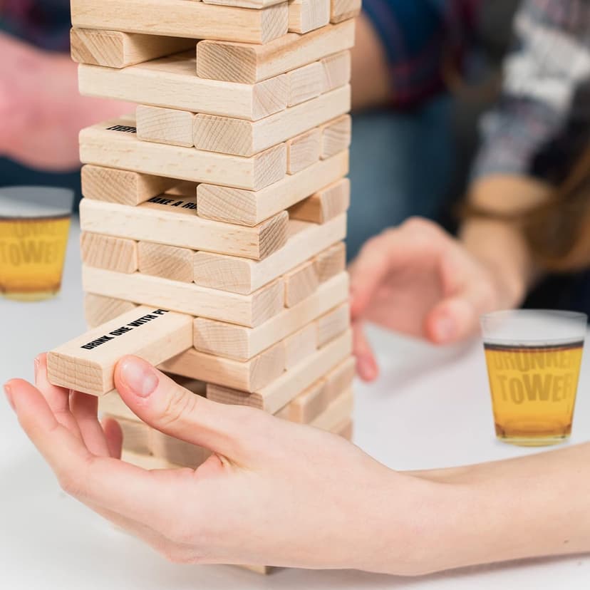 ArtCreativity Tumbling Tower Drinking Games for Adults, with 4 Glasses and 48 Wooden Blocks with Challenges, Fun House Adult Party Games for Game Night, Great Gift Idea for Everyone