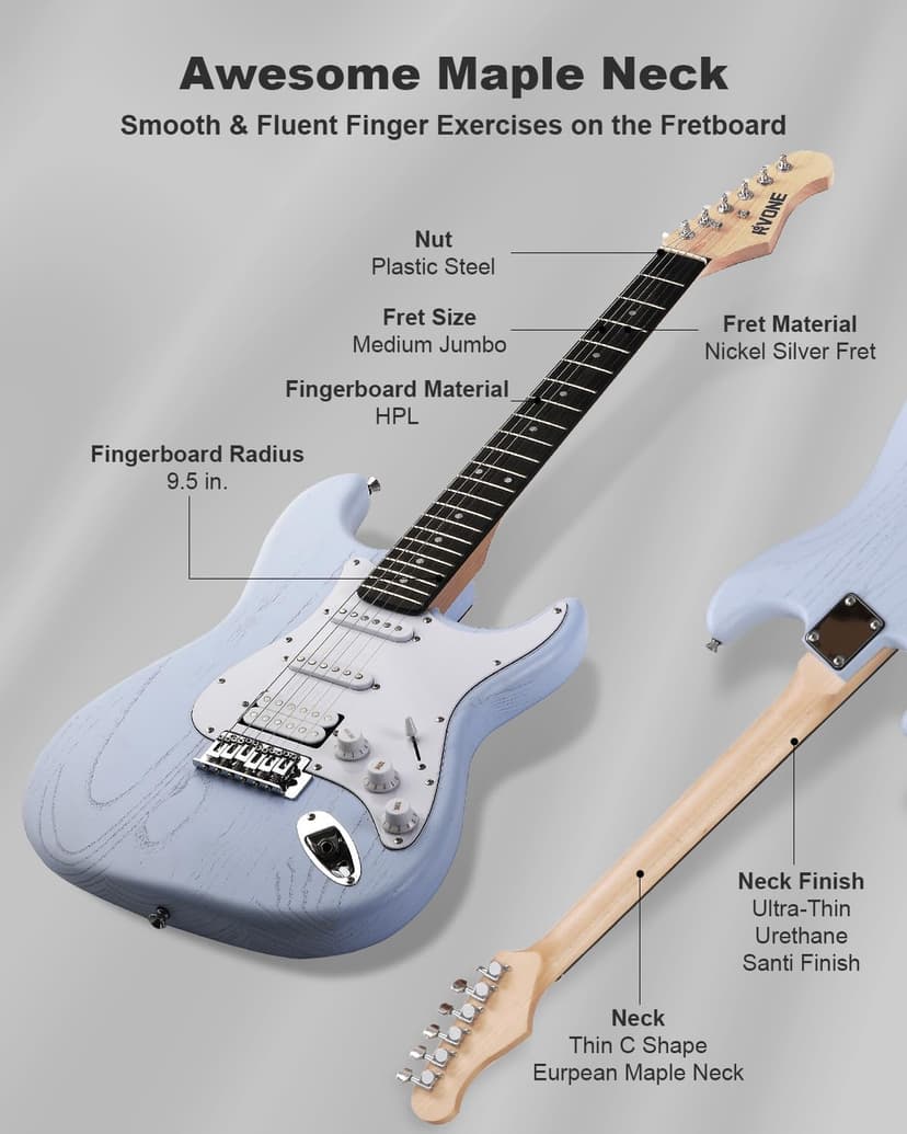 RVONE RST-150 39”Beginner Electric Guitar Kit with Amplifier, Classic HSS Pickup, Electric Guitar with Gig Bag, Capo, Strap, Extra Strings, Digital Tuner, 3 Picks, Cleaning Cloths (1-Blue)