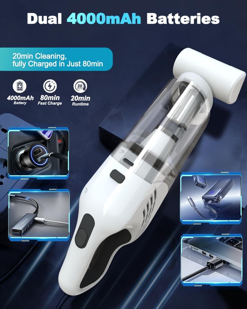 EABOSON Handheld Vacuum Cordless, 16000PA High Power Suction Hand Held Car Vacuum Cleaner Portable with Washable Filter & Multi Accessories, Rechargeable Dust Busters for Car Home Office and Pet Hair