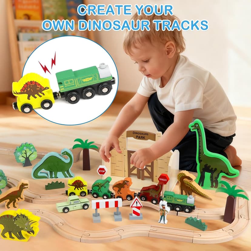 Wooden Train Set, Dinosaur Toys for Kids 3-5, Compatible with Major Brands, STEM Railway Playset, Ideal Wooden Train Track Set for 3 4 5 6 7 8 Year Old Kids Boy Girl
