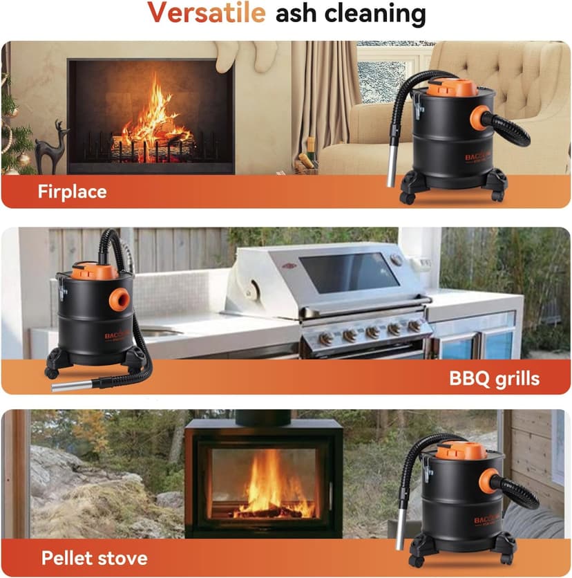 BACOENG Ash Vacuum for Pellet Stoves, Fireplace Ash Vac 5.2 Gallon 1200w with Double Stage Filtration System, Ash Vacuum Cleaner for Fireplaces, Wood Stove, Pellet Grill