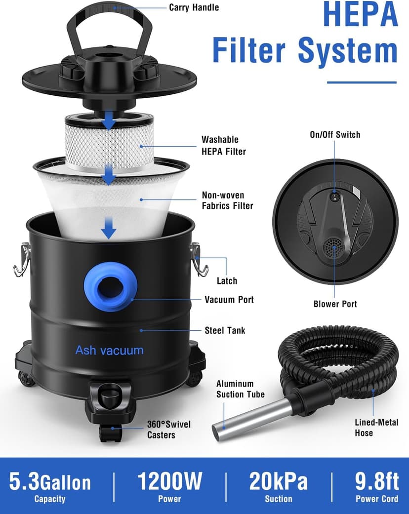Oragerju Ash Vacuum, Pellet Stove Vacuum Cleaner, 5.3 Gallon, 20kPa, 1200W Powerful Motor with Blower Function, On Wheels and HEPA Filter, The Ash Vacuum for Pellet Stoves & Wood Stoves