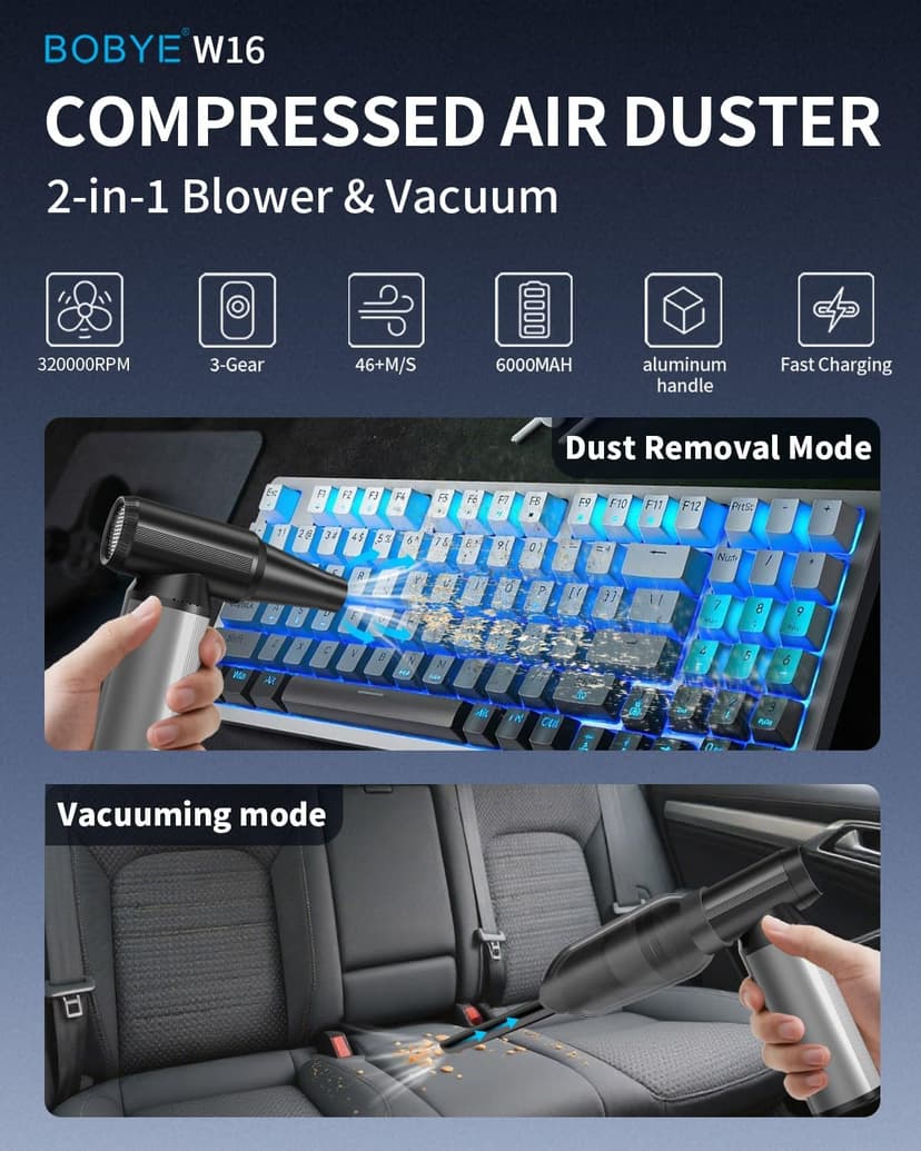 Compressed Air Duster, 2-in-1 Duster Blower & Vacuum with 320000RPM Super Power, Electric Air Duster Rechargeable, 3-Gear Adjustable Air Blower for Keyboard, Computer, Car, Home, and Outdoor Cleaning