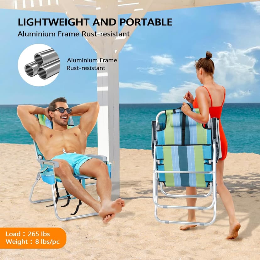 VINGLI Tall Beach Chair 2 Pack Lightweight, Backpack Beach Chair for Adults with 5-Position, Cooler Bag, Cup Holders, Towel Bar, Lightweight Folding Beach Camping Chairs (Blue/Green-16