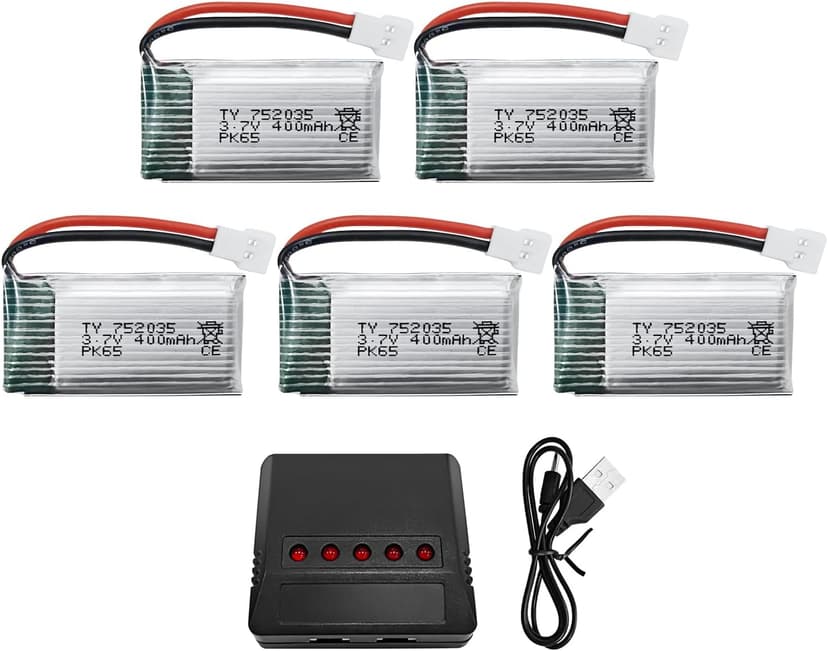 5PCS 3.7V 400mAh Lithium Battery with 5 in 1 Charger for SYMA Q11 H99W H31 H6C H98 AT-96 TR-C385 TR-P51 TR-F22 Quadcopter Spare Parts Aircraft Model Drone Battery (Black)