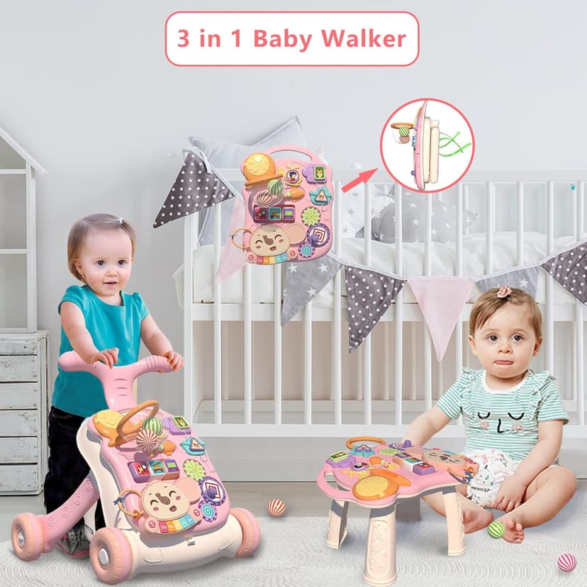 QDRAGON 3 in 1 Baby Walker and Activity Center for Girl, Learning to Walk, Sit to Stand, Early Educational Push Toys with Music Panel for Infant Toddler 12+ Months Pink