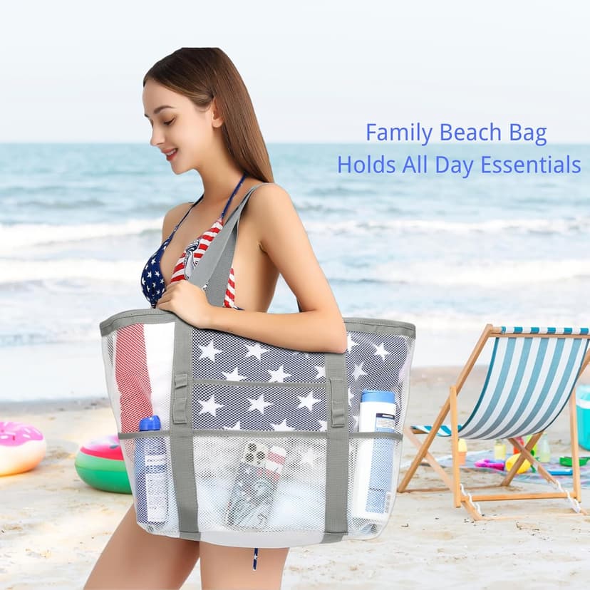 F-color Mesh Beach Bag Family - Large Tote Bag 9 Pockets for Swim Pool Toys Cruise Beach Vacation Essentials