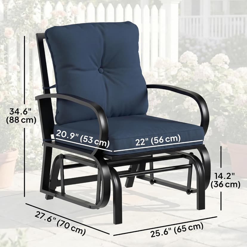 Outsunny Patio Glider, Outdoor Glider Chair with Cushions, Steel Frame, Curved Armrests, Single Gliding Chair for Yard, Porch, Garden, Poolside, Dark Blue