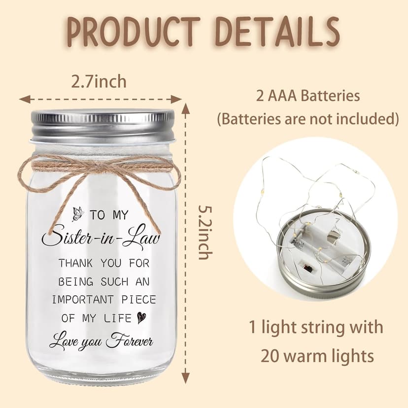 Gifts for Sister in Law Birthday Christmas Mother's Day Wedding Thanksgiving Gifts Sister in Law Gifts, Mason Jar Night Lights B0G92PSR4B