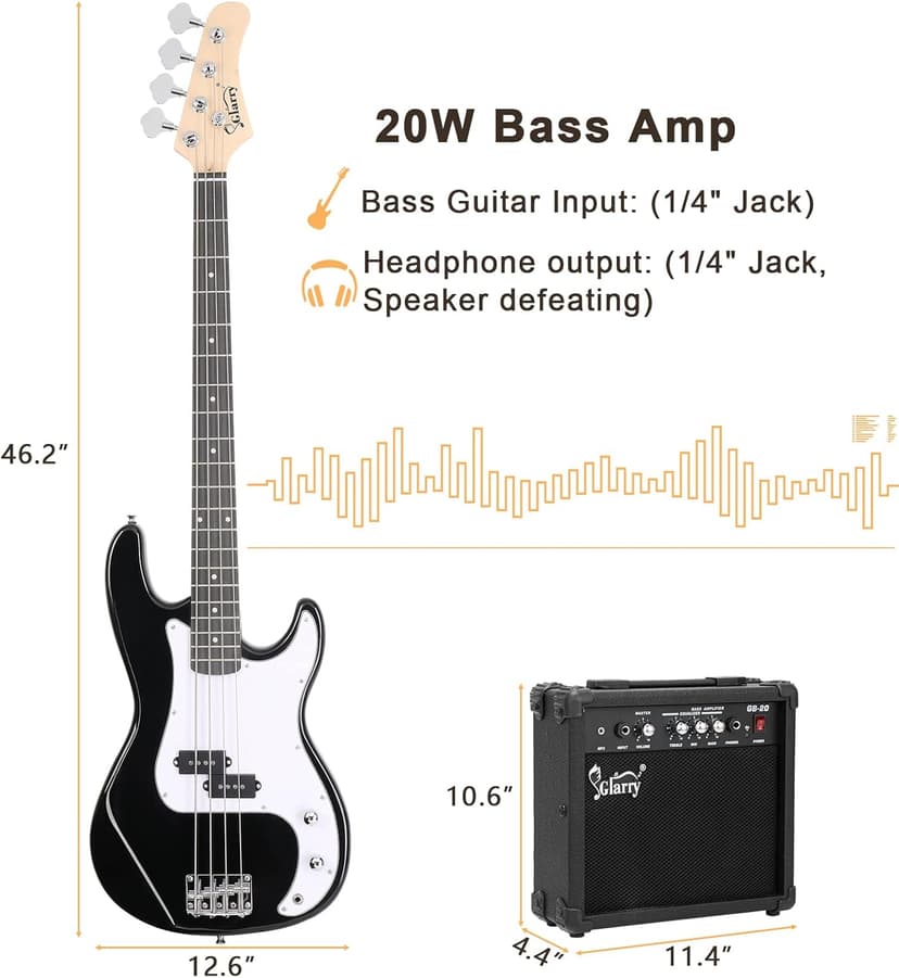GLARRY Full Size Electric Bass Guitar Beginner Kit 4 String Exquisite Basswood Bass with 20W AMP, Cable, Strap, Bag and Accessories (Black, 39"Right Handed)