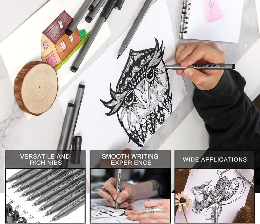 Brusarth Precision Black Micro-Pen Fineliner Ink Pens, Waterproof Archival Ink, Drawing Pen, Artist Illustration Pens, Multiliner, for Art Watercolor, Sketching, Anime, Manga, Design, 9/Set(Black)