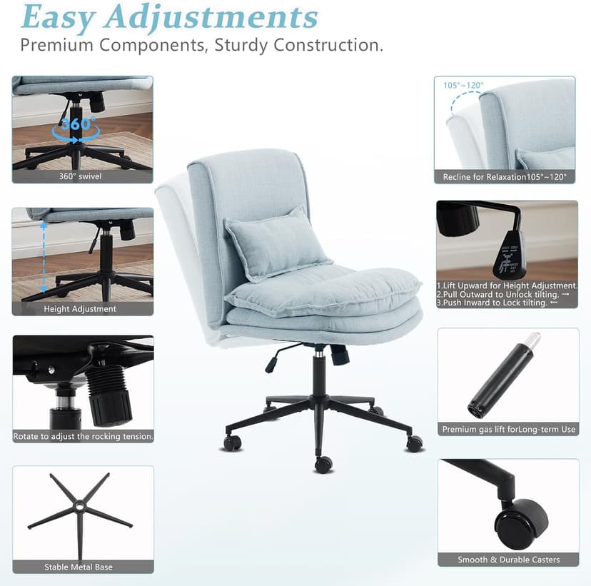 VINGLI Cloud Criss Cross Legged Chair,18" High Back Armless Home Office Desk Chair with Wheels,Wide Adjustable Comfy Padded Seat Task Computer Chair,Modern Swivel Makeup Vanity Chair,Fabric,Blue