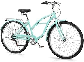 Women Bike, 26 Inch Beach Cruiser Bike, 7 Speed Commuter Bicycle with Ergonomic Upright Frame, Full Front & Rear Fenders (Green/Black/Red)