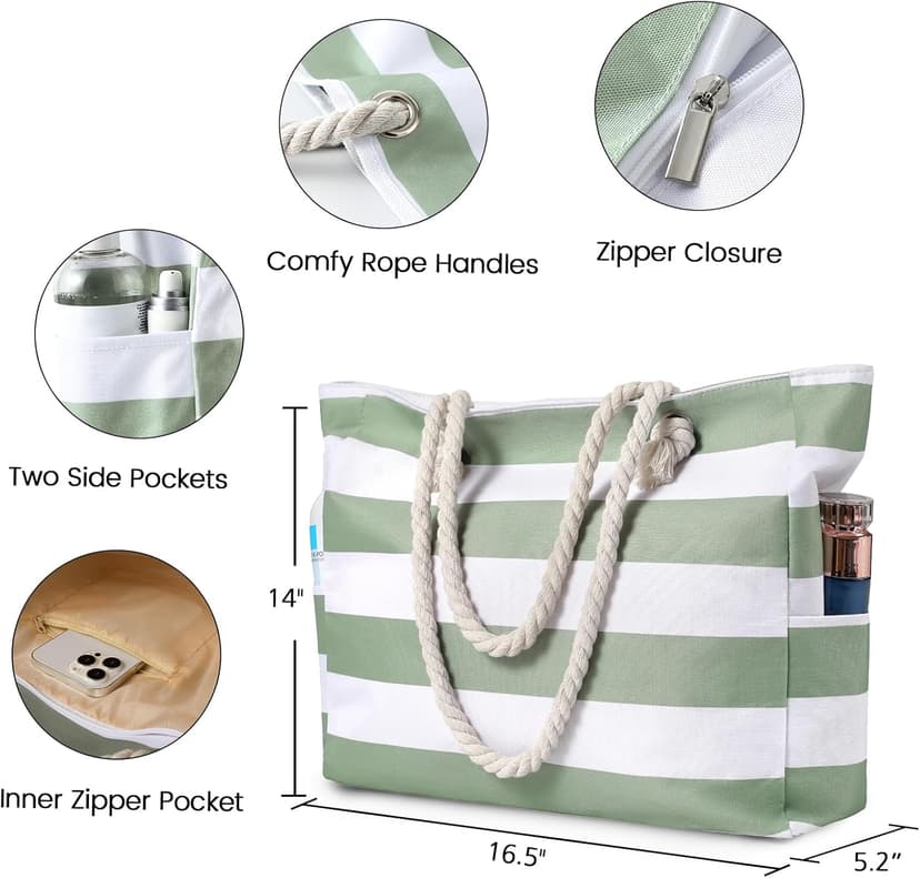 Clothirily Beach Bag for Women - Large Beach Tote Bag, Waterproof Sandproof Beach Bag with Zipper, Large Swim Pool Beach Tote