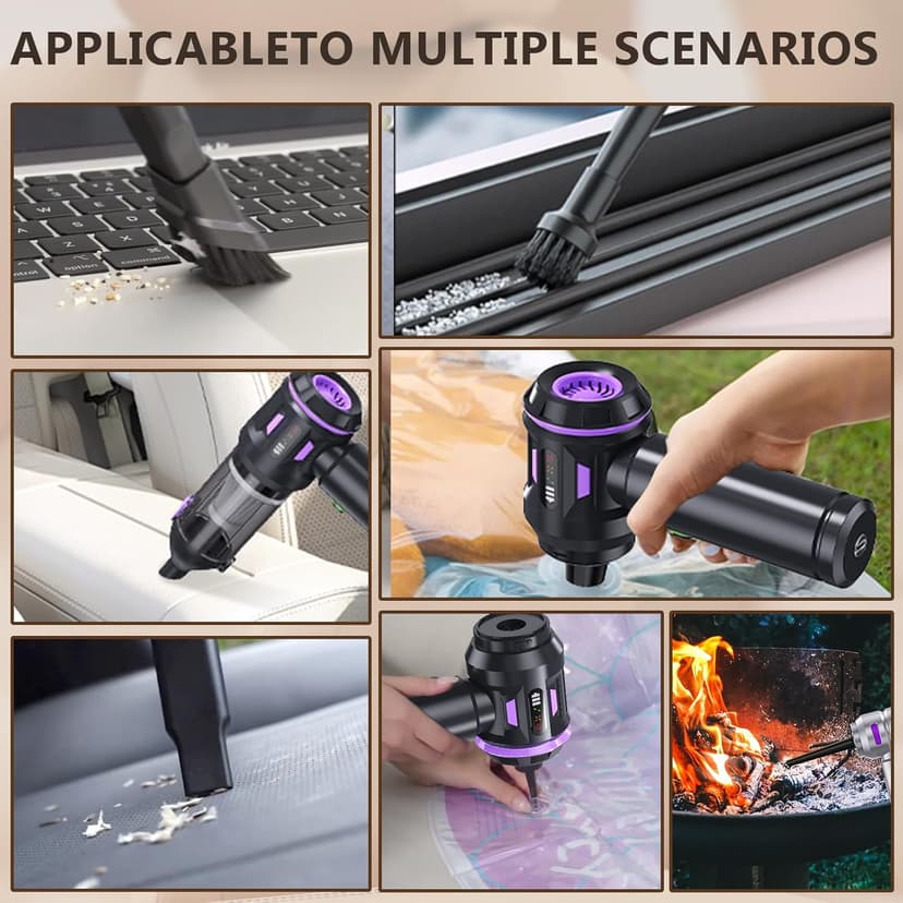 22000PA High Power Cordless Handheld Vacuum & Car Vacuum Cleaner, 4-in-1 Air Duster & Inflator with Brushless Motor, USB-C Charging, LED Light, for Home, Car, Pet, Black Purple