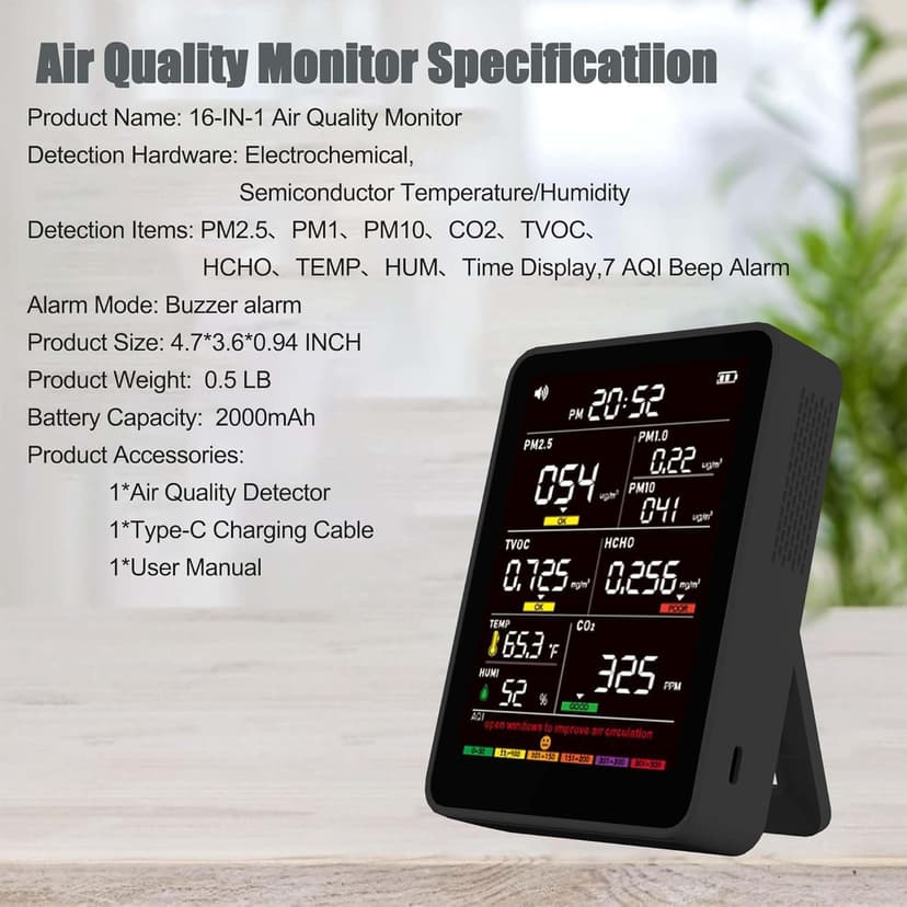 Professional Indoor Air Quality Monitor with AQI Alerts, Portable Real-Time Detector for Home, Car, Plants & Pet (Black)