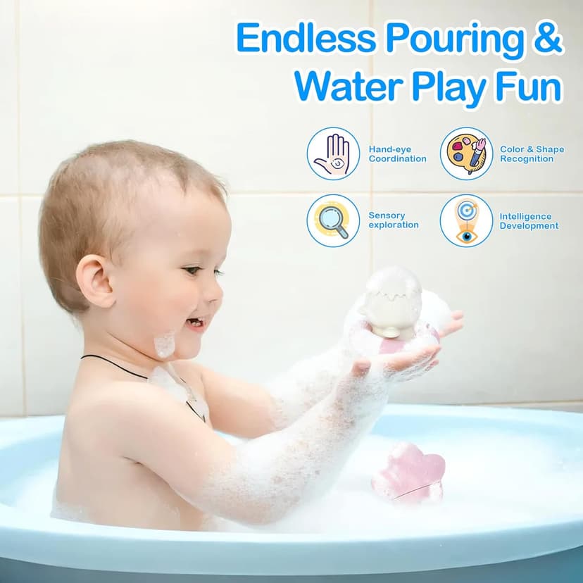 MCGMITT Baby Bath Toys for Kids Ages 1-3, 12 PCS Silicone Mold Free Bathtub Toys for 6-12 Months, Soft Stacking Cups & No Hole Duck & Floating Boats, Beach Sand Water Table Pool Toys for Toddlers