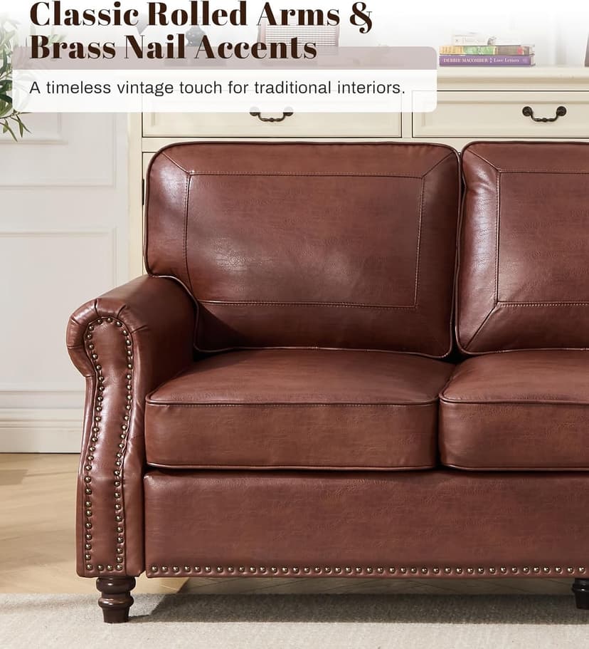 Kingfun Mid-Century Modern Couch, Faux Leather Sofa, 3 Seater Couch for Living Room with Rolled arms & Nailhead Trim, Dark Coffee