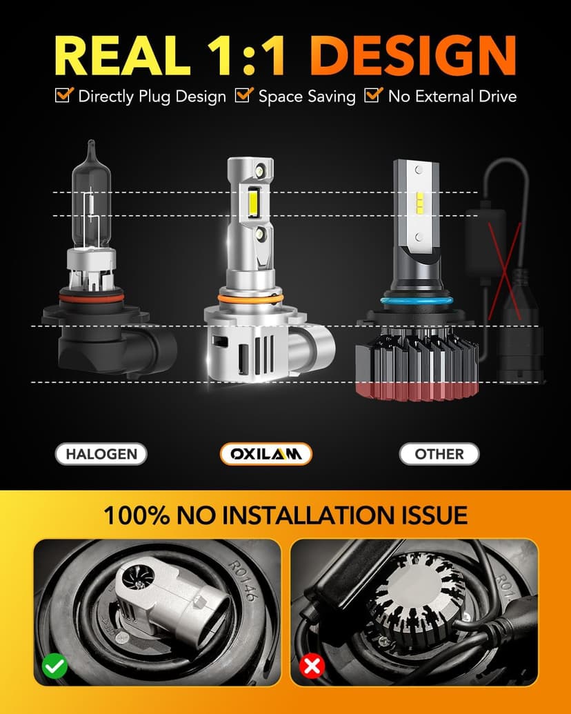 OXILAM H11/H9/H8 9005/HB3 LED Light Bulbs Combo, 100,000 Lumens 1200% Brighter 6500K Cool White H11 9005 Bulbs, IP68 Waterproof, 1:1 Beam Design, 60000Hrs Lifespan, No Flicker, Pack of 4