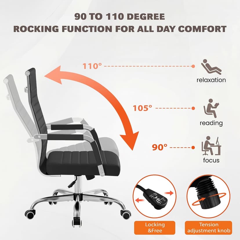 Furmax Ergonomic Office Desk Chair, Executive Ribbed Mid-Back PU Leather Conference Room Chair Adjustable Swivel Chair with Arms (1, Black)